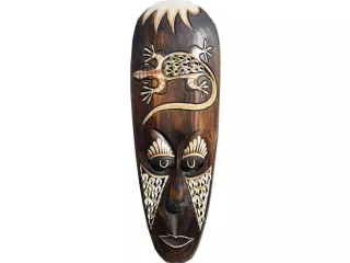 Rzeźba Maska Etno Drewno Głowa GEKON 50cm z Muszlami